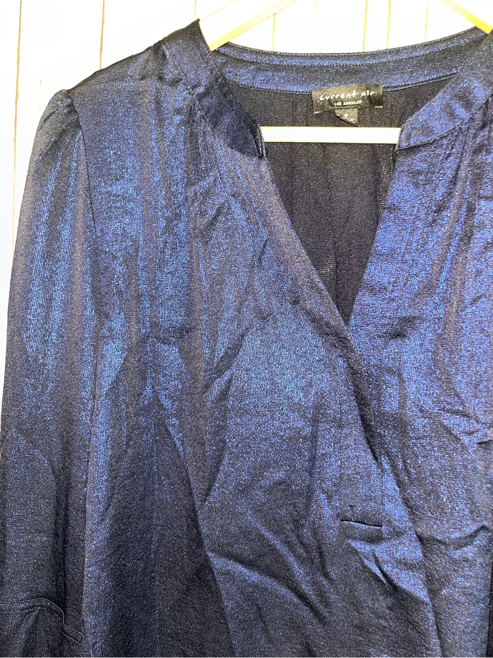 Current Air Metallic Shimmer Navy Blue V Neck Blouse Puff Sleeve Small - Picture 2 of 4